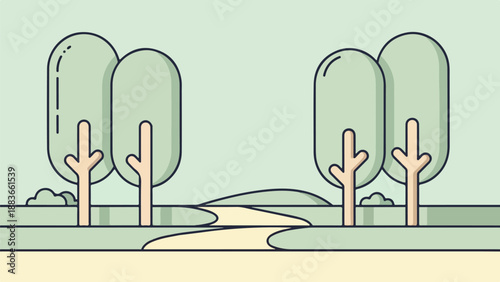 Winding dirt path through a serene landscape with slender trees and rolling hills