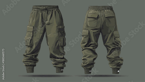 A pair of green cargo pants displayed from front and back views
