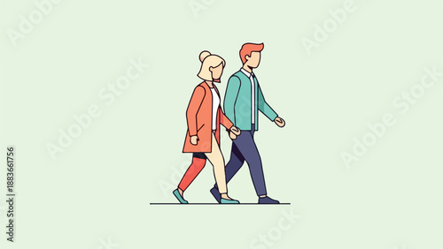 Two people walking together in a stylized illustration