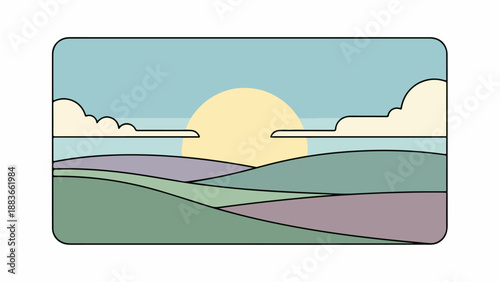 Rolling hills landscape with soft blue sky and radiant sun near horizon