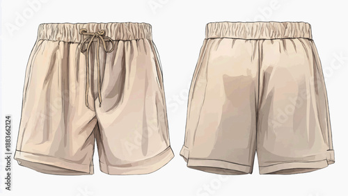 Detailed digital illustration of beige athletic shorts with elastic waistband and drawstring viewed from front and back