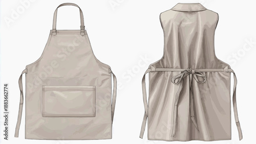 Front and back views of a beige apron with pocket and waist ties on a plain background
