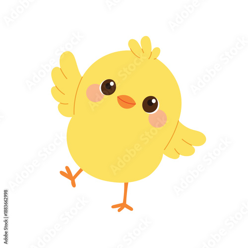 Cute chick with open wings waving. Playful chicken character for kids design. Flat vector illustration isolated on white background.
