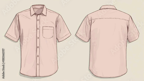 An illustration shows front and back views of a pink short-sleeved button-up shirt with a pocket.
