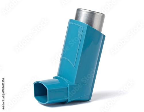 Blue Asthma Inhaler on White Background.