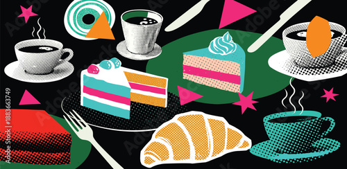 Assorted pastries and coffee cups presented on a table from a top-down viewpoint in a vibrant setting