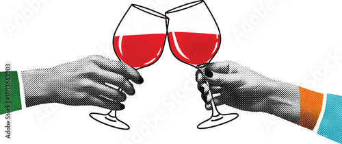 Two hands holding wine glasses in a toast, illustration of celebration and friendship