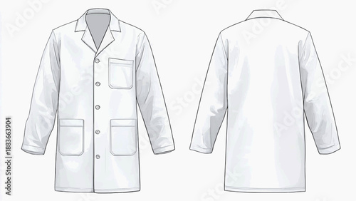 Lab coat illustration showing front and back views with pockets.