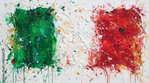 Vibrant abstract Italian flag artwork with textured brushstrokes and splattered paint on a white canvas, expressing freedom, passion, and artistic flair in an action painting style.