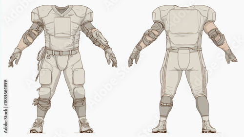 American football player wears protective gear in full view from front and back