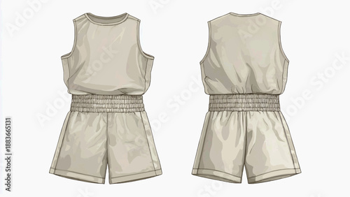 Illustration of beige outfit consisting of vest top and shorts from front and back view