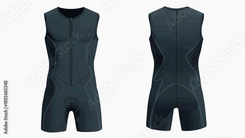 Illustration shows a black sports vest and shorts set from front and back.