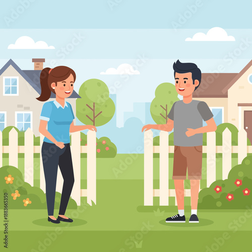 Neighbors chatting at fence in suburban neighborhood