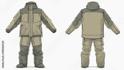 The illustration shows a front and back view of a functional ski jacket and matching pants set.
