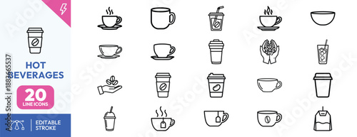 Hot Beverages Icons Set Illustration.