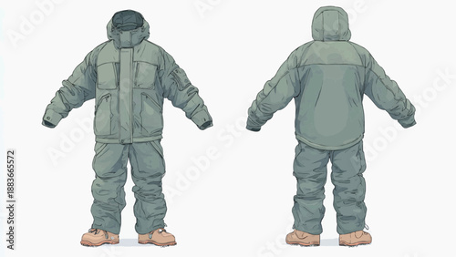 Person wearing a gray insulated jumpsuit with hood and tan boots viewed from front and back