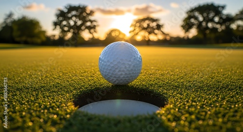 Golf ball near hole on green fairway at sunset bright sun shining trees in background close up beautiful day golf course putting green sport recreation hobby leisure activity outdoor nature