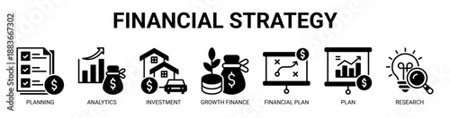 Financial Strategy web banner icon vector illustration concept with icon of financial planning, analytics, investment, growth finance, financial plan, plan, and research.