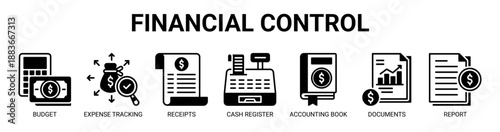 Financial Control web banner icon vector illustration concept with icon of budget, expense tracking, receipts, cash register, accounting book, financial documents, and financial report.