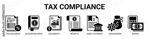 Tax Compliance web banner icon vector illustration concept with icon of tax document, accounting book, financial documents, receipts, bank statement, financial management, and budget.