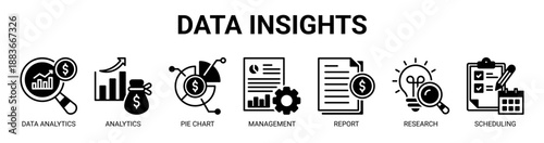 Data Insights web banner icon vector illustration concept with icon of data analytics, analytics, pie chart, management report, financial report, research, and scheduling.
