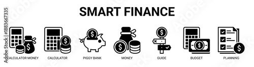 Smart Finance web banner icon vector illustration concept with icon of calculator money, calculator, piggy bank, money, financial guide, budget, and financial planning.