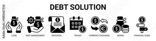 Debt Solution web banner icon vector illustration concept with icon of loan, debt management, paycheck, payday, currency exchange, money, and financial guide.