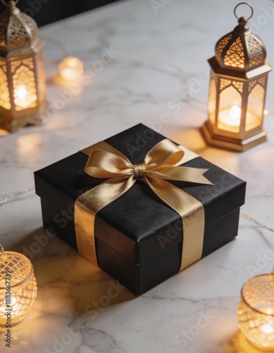 Elegant Black Gift Box with Golden Ribbon Surrounded by Lanterns and Warm Fairy Lights
