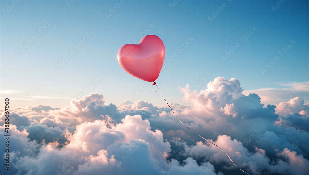Fototapeta premium Pink heart balloon floats above fluffy clouds under clear blue sky.