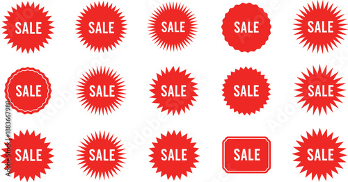 Collection of red starburst 'Sale' stickers and badges for promotional marketing