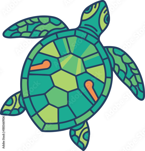 Stylized vector illustration of a green sea turtle viewed from above, featuring a mosaic-like geometric shell pattern with orange accents and dark blue outlines.
