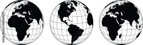 Black Earth Globe Silhouettes with Grid - Global View