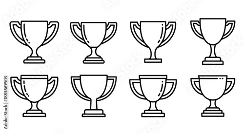 Set of eight different outlined trophy cup icons for achievement and awards.