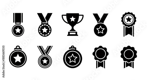 Set of various black and white award medals and trophies icons.