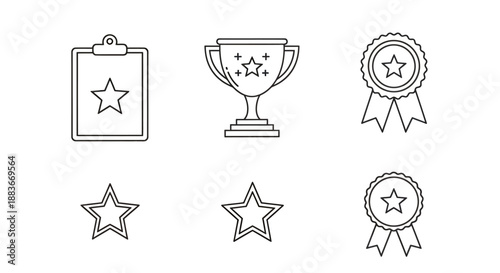 Set of black and white award and achievement icons including trophies and stars.