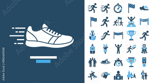 Set of various sports and fitness activity icons including running shoe.