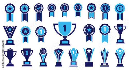 Collection of blue award trophies and first place ribbons icons.