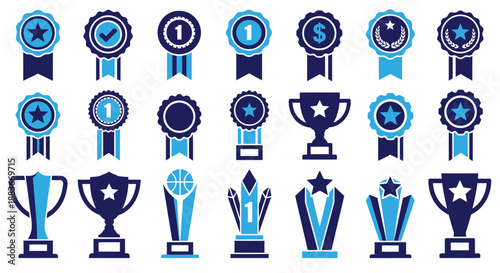 Collection of various blue and black award trophies and ribbons icons.