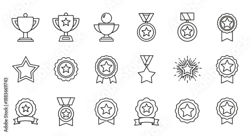 Set of various award and trophy icons with different shapes and star symbols.
