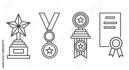 Set of four different award and achievement icons in black and white line style.