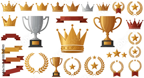 Collection of golden and silver trophies, crowns, and laurel wreaths for awards and achievements.