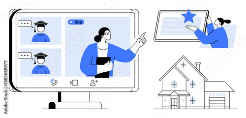 Online learning, virtual meetings, certification, distance education, real estate, digital communication. A woman teaching on a screen, certificates and a house. Online learning and certification