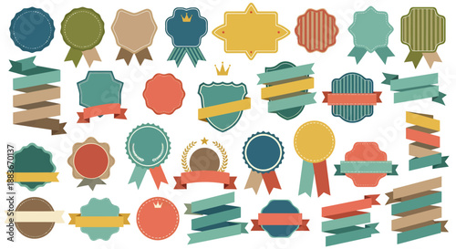 Collection of colorful vintage and modern label and badge designs with various shapes and ribbon elements.