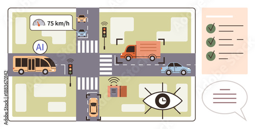 Smart cities, AI technology, traffic management, autonomous vehicles, connected infrastructure, road safety. Automated traffic sensors and vehicles at an urban intersection. AI technology and smart