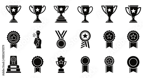 Set of various black trophy and award icons representing achievement and recognition.