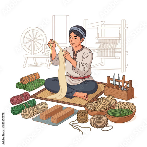 Artisan spinning thread with spinning wheel and loom in background