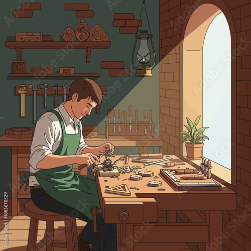 Craftsman working in workshop, detailed miniature art, natural light, vintage tools