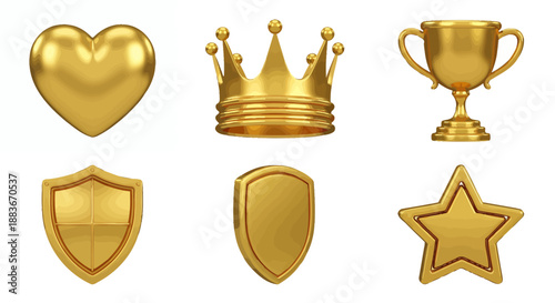 Set of golden icons including heart, crown, trophy, shields, and star on white background.