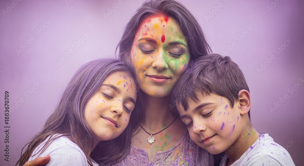 Obraz premium Festive Family Hug with Colorful Powder on Mother's Day Celebration