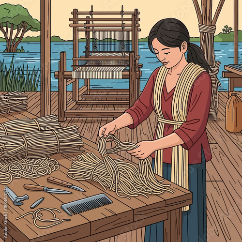 Woman weaving natural fibers on loom by water, traditional craft